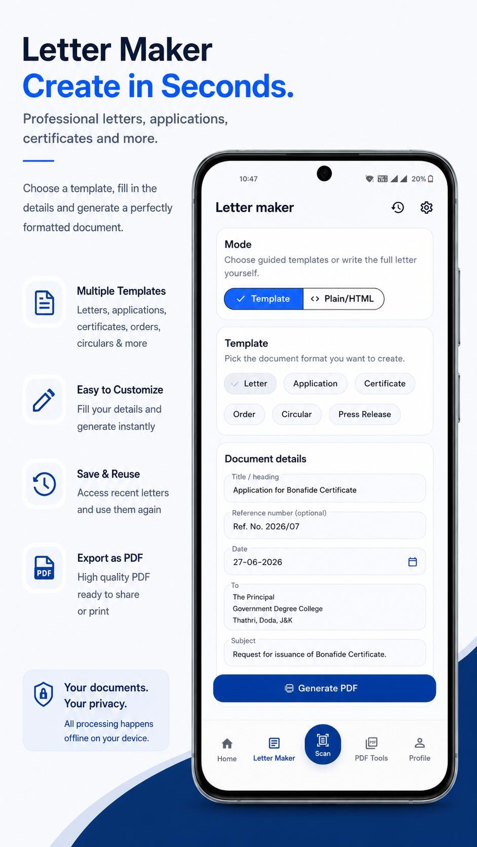 ScanPatra Letter Maker screen