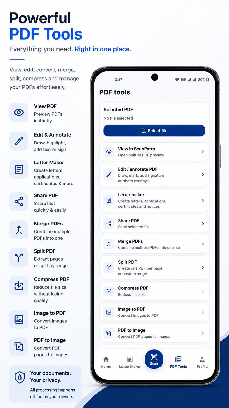 ScanPatra PDF Tools screen